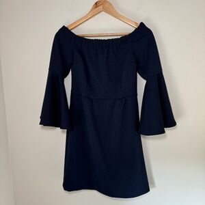 Trina Turk Dress Women's Size 2 Navy Blue Off Shoulder Bell Sleeve Preppy